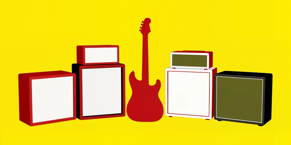 Illustrazione di amplificatori chitarra Bluetooth attorno a una chitarra elettrica