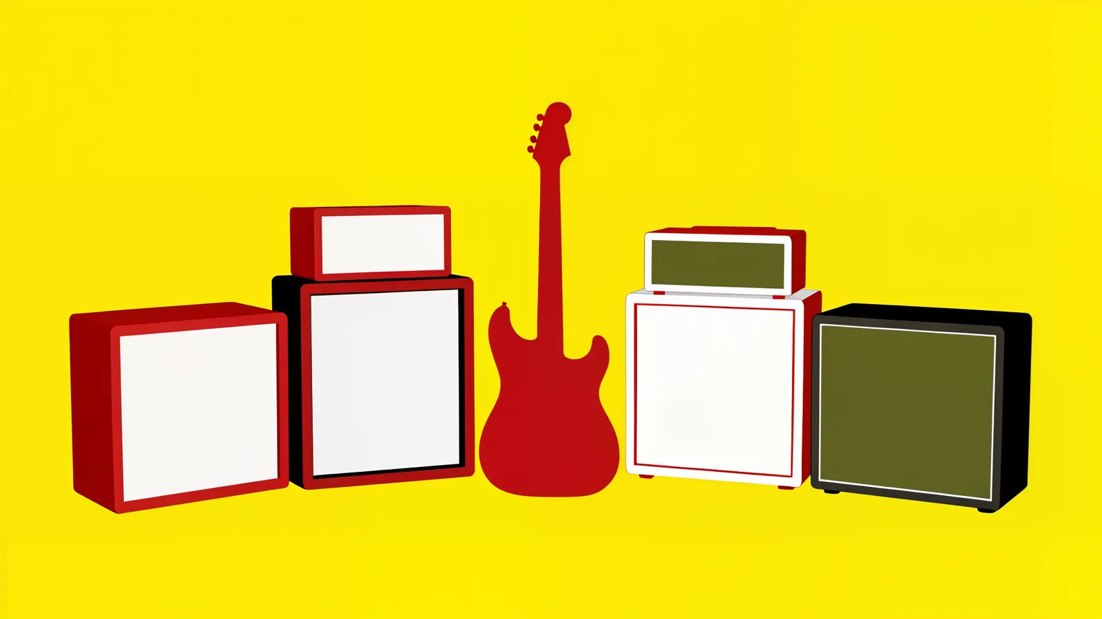 Illustrazione di amplificatori chitarra Bluetooth attorno a una chitarra elettrica