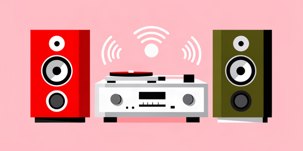 Illustrazione minimalista di un amplificatore stereo connesso con due diffusori passivi