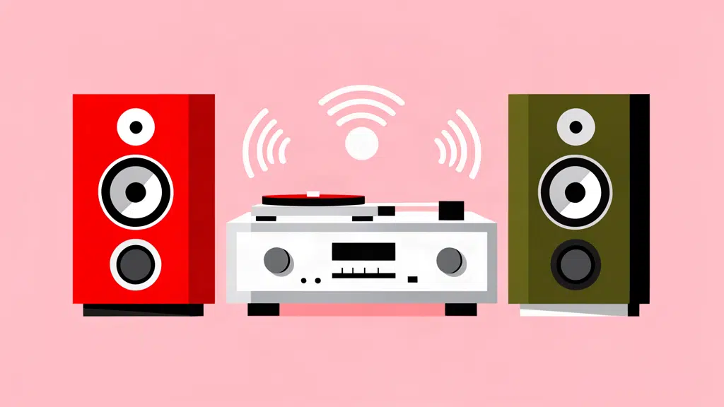 Illustrazione minimalista di un amplificatore stereo connesso con due diffusori passivi