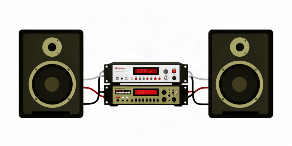 Illustrazione minimalista di un finale di potenza digitale con diffusori passivi