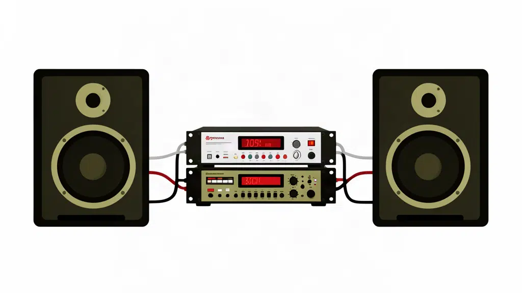 Illustrazione minimalista di un finale di potenza digitale con diffusori passivi