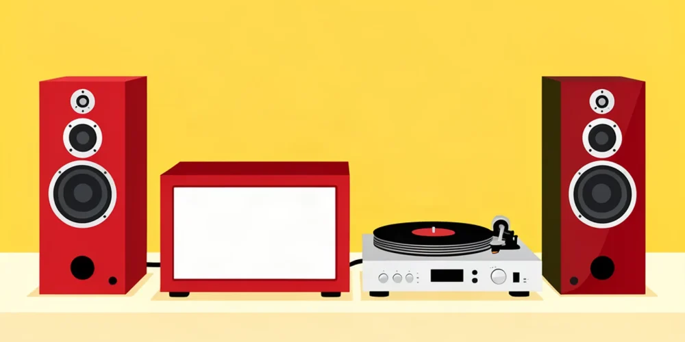 Illustrazione di un amplificatore stereo con giradischi e diffusori passivi