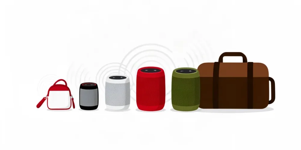 Illustrazione minimalista di sette casse Bluetooth portatili di diverse dimensioni