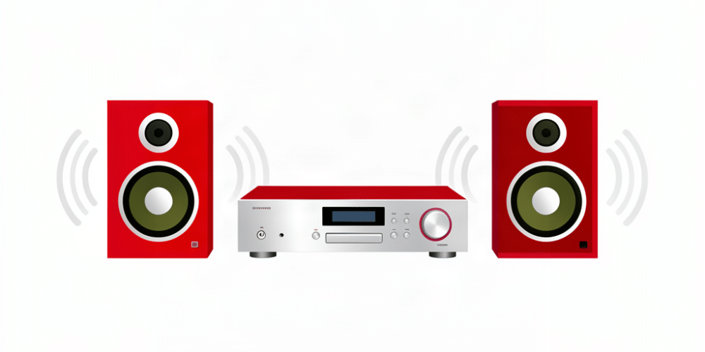 Illustrazione di una catena hi-fi potente con unità centrale e due diffusori stereo