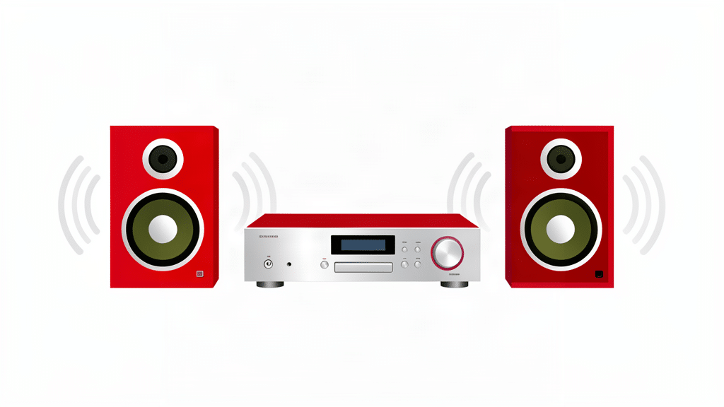 Illustrazione di una catena hi-fi potente con unità centrale e due diffusori stereo