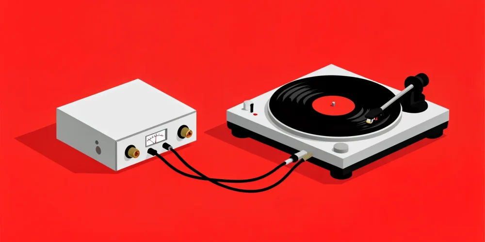 I 10 migliori preamplificatori phono nel 2026: preamplificatore phono compatto accanto a un giradischi in vinile