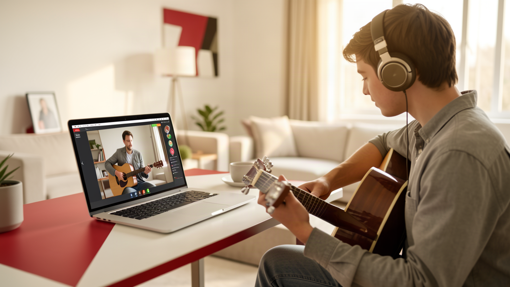 Comment trouver un bon professeur de guitare en Belgique : critères, tarifs et méthodes d'apprentissage 5 Cours de guitare en ligne par visioconférence avec un professeur à l'écran