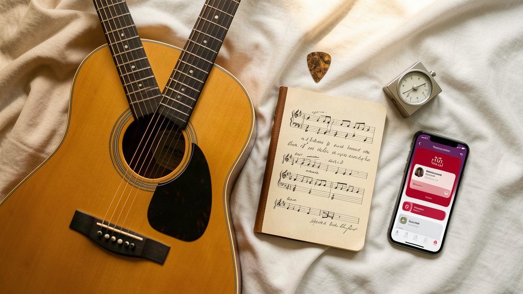 Comment trouver un bon professeur de guitare en Belgique : critères, tarifs et méthodes d'apprentissage 6 Guitare acoustique, carnet de notes, médiator et métronome préparés pour une séance de travail