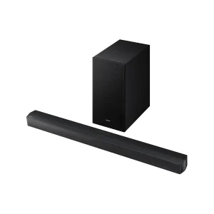 Barra de sonido Samsung HW-B650F con subwoofer inalámbrico en primer plano