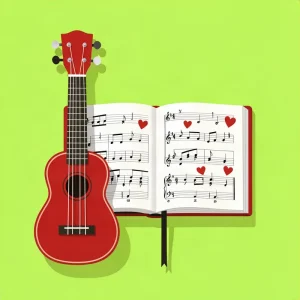 Ilustración minimalista de un ukelele con cancionero y partituras, curso desde cero