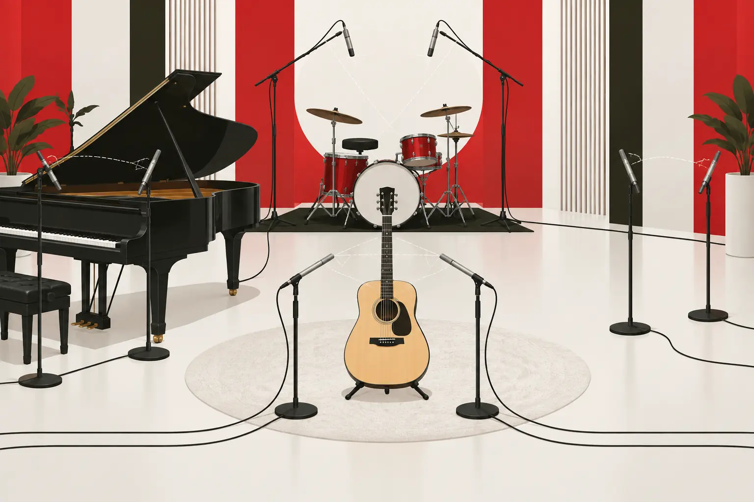 Illustration de microphones à petite membrane pour prises de guitare, piano et batterie