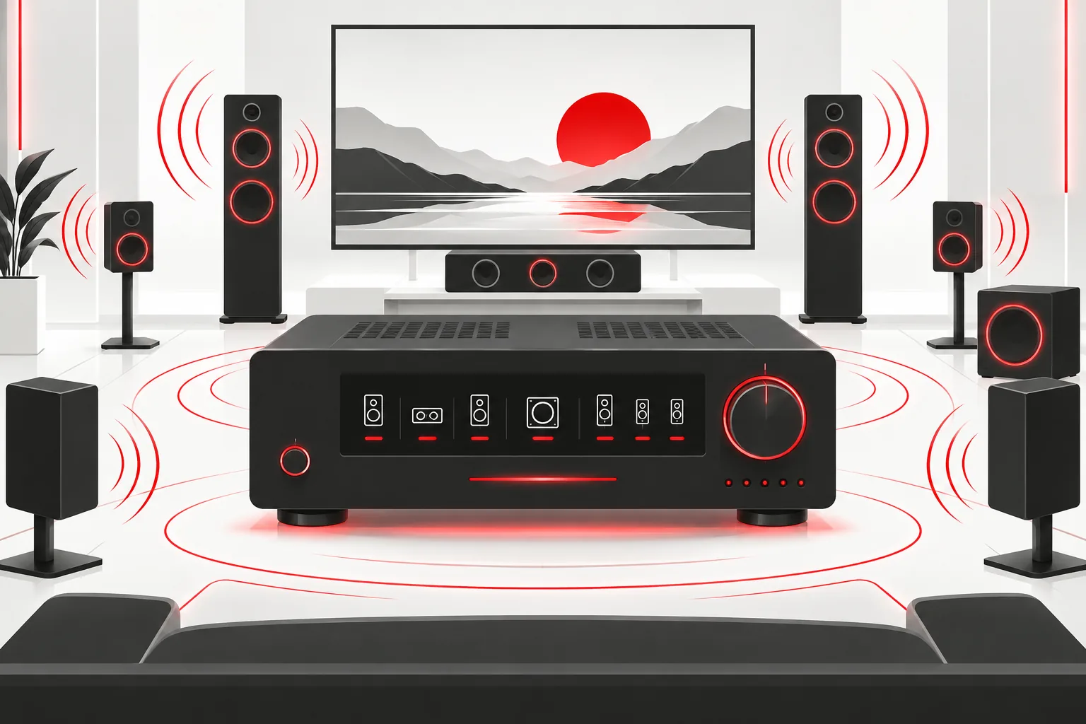 Illustrazione dei dieci migliori amplificatori home cinema in stile cyber minimalism