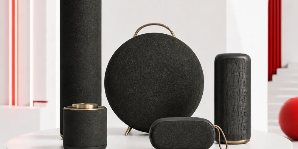 Illustrazione di una selezione di casse Bluetooth di alta gamma da salotto e portatili in stile cyber minimalism
