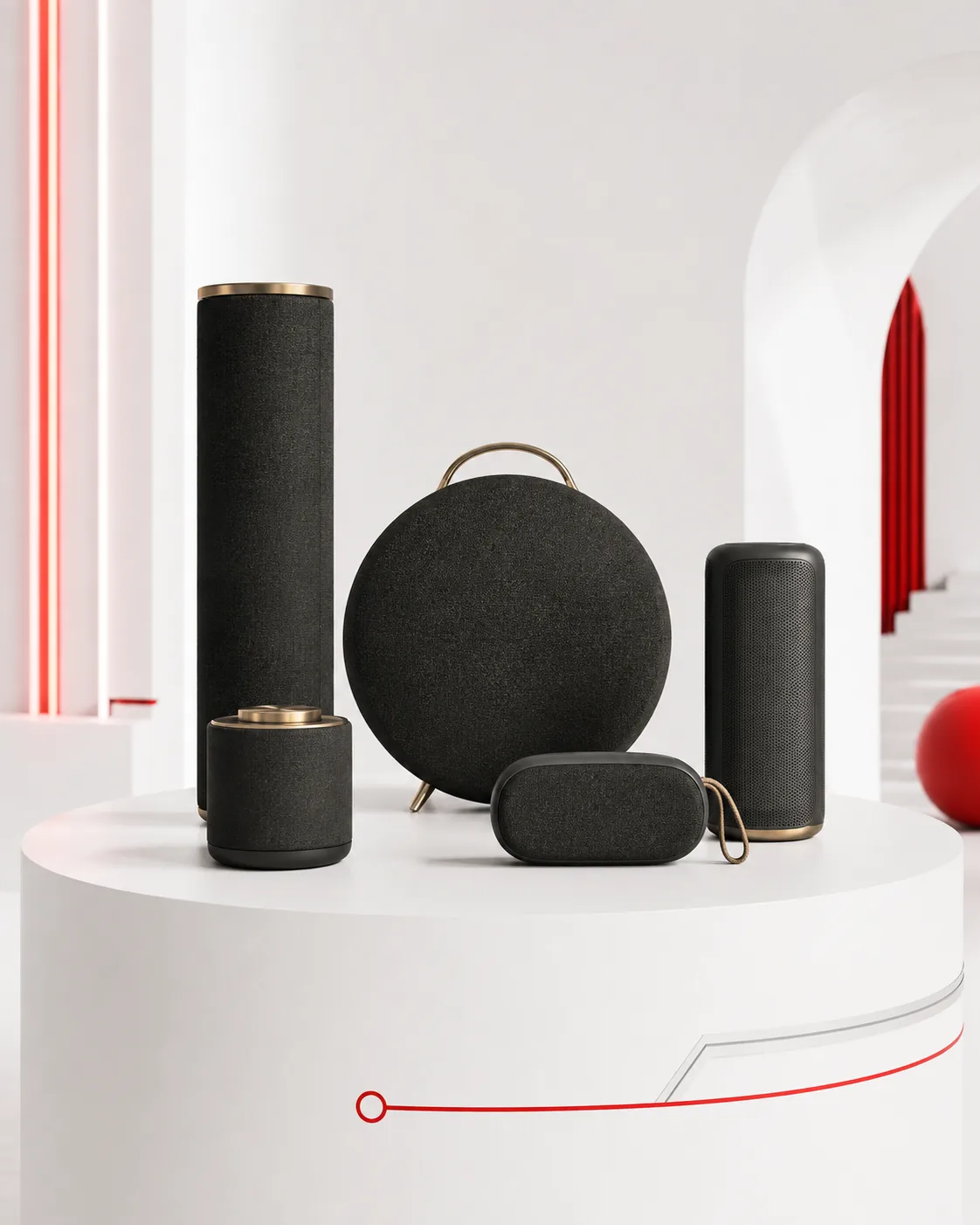 Illustrazione di una selezione di casse Bluetooth di alta gamma da salotto e portatili in stile cyber minimalism