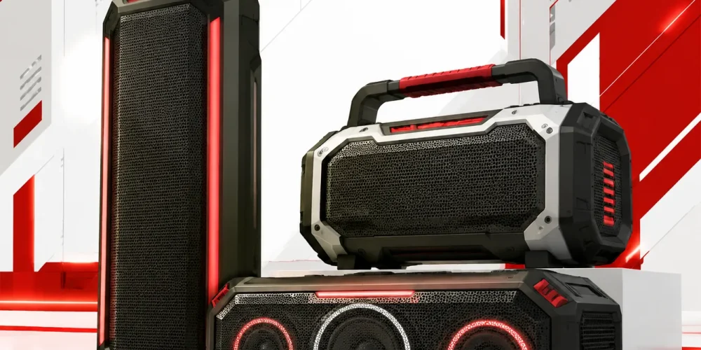 Illustrazione di una selezione di casse Bluetooth potenti in stile cyber minimalism