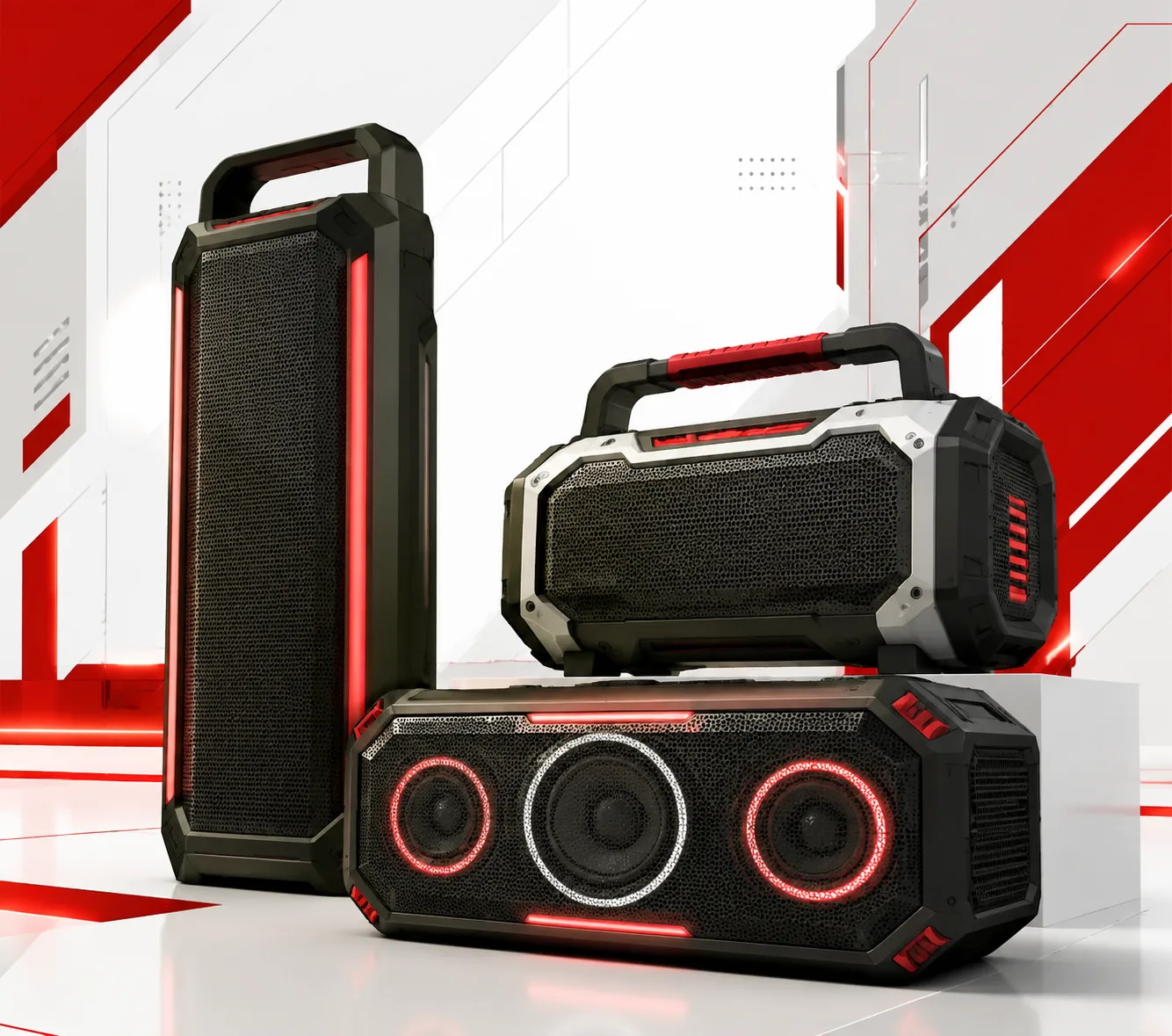 Illustrazione di una selezione di casse Bluetooth potenti in stile cyber minimalism