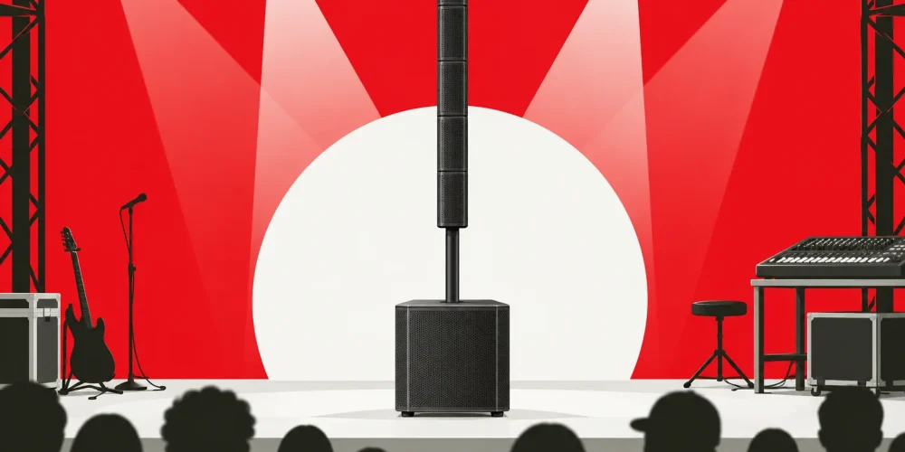 Illustrazione di un sistema PA a colonna per line array su un palco