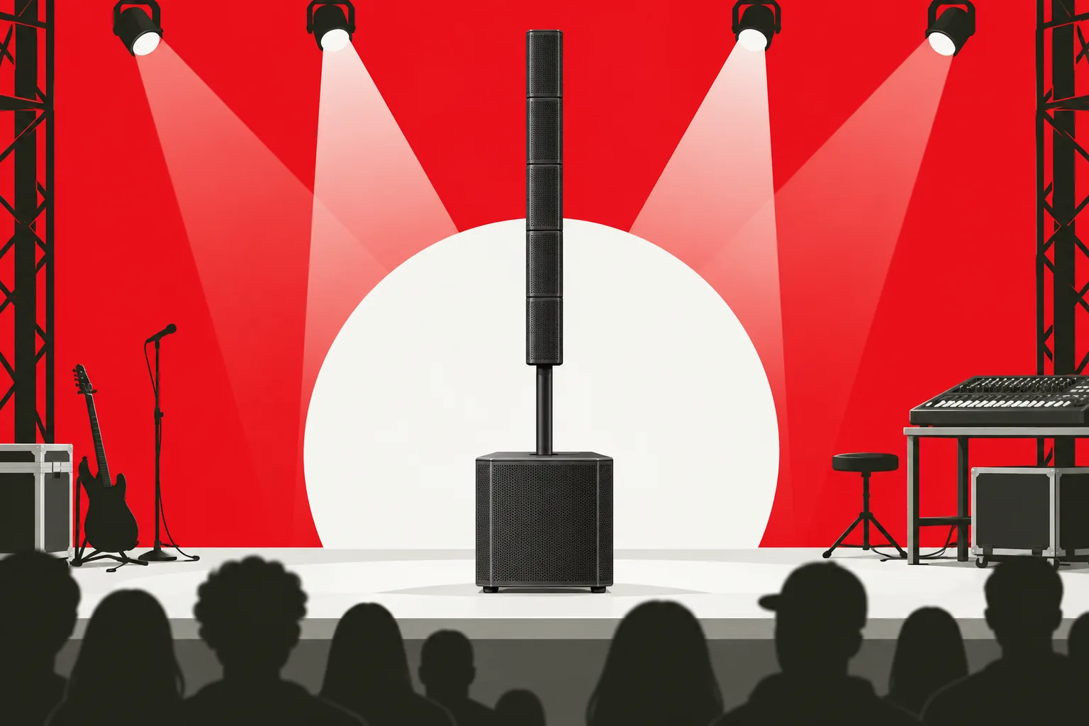 Illustrazione di un sistema PA a colonna per line array su un palco