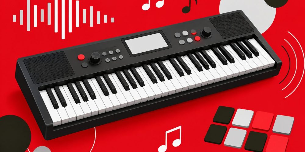 Ilustración vectorial de un teclado arranger moderno con teclas de piano, pantalla y ondas de sonido