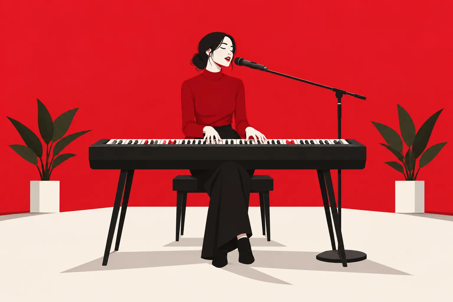 Home 17 Illustration d’une chanteuse jouant du piano numérique devant un microphone