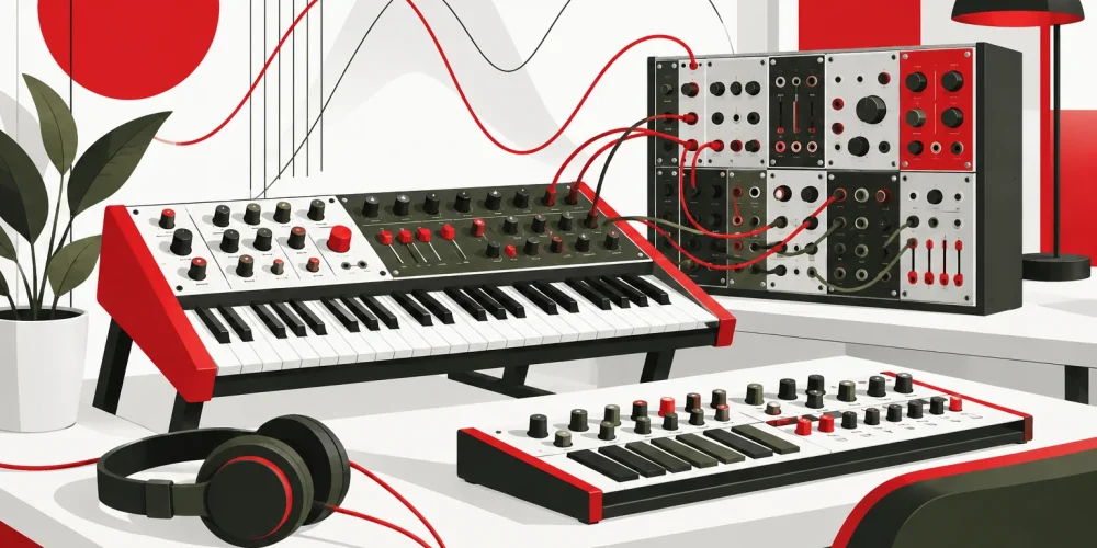 Ilustración vectorial de sintetizadores electrónicos para principiantes con teclados y potenciómetros