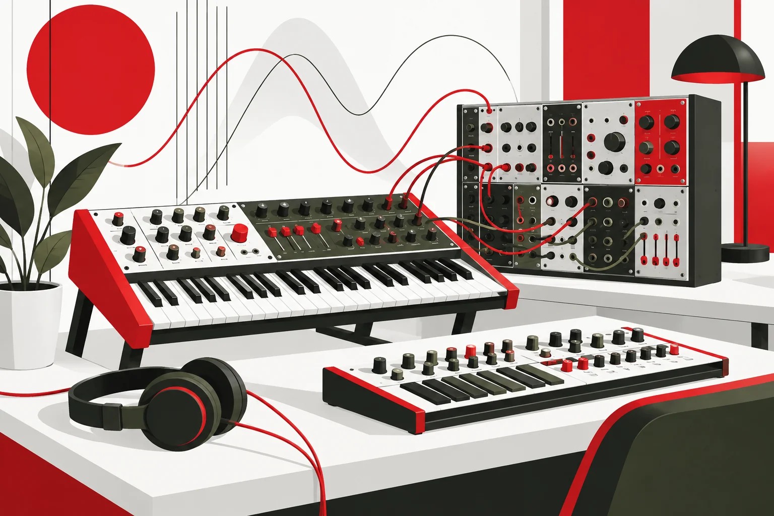 Ilustración vectorial de sintetizadores electrónicos para principiantes con teclados y potenciómetros