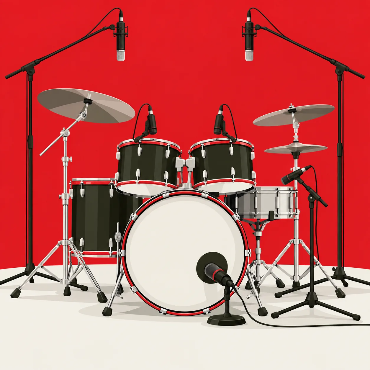 Illustration d’une batterie acoustique équipée de microphones de proximité et overheads