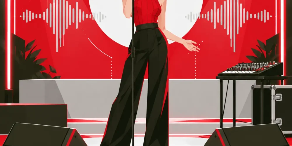 Illustratione di una cantante davanti a due monitor da palco attivi