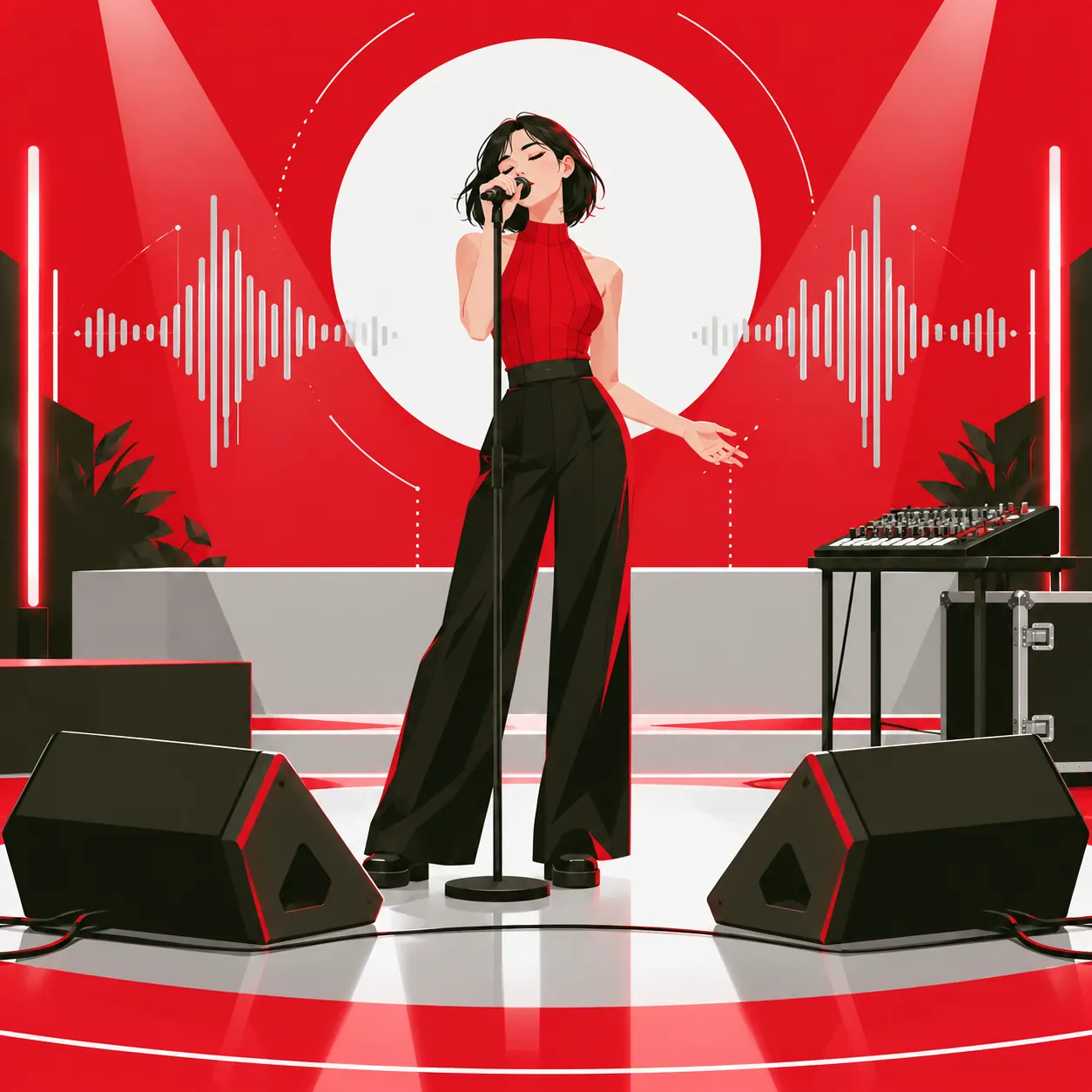 Illustratione di una cantante davanti a due monitor da palco attivi