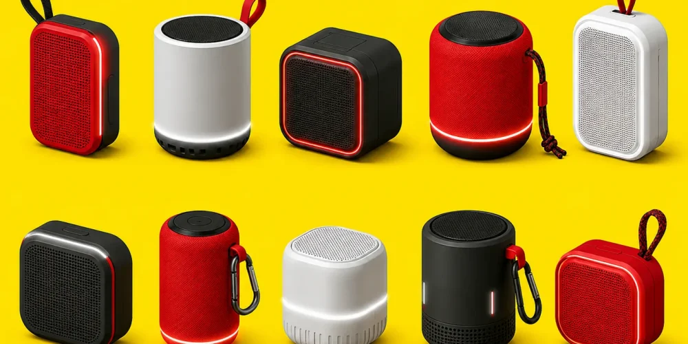 Illustrazione delle dieci migliori piccole casse Bluetooth portatili in stile cyber minimalism