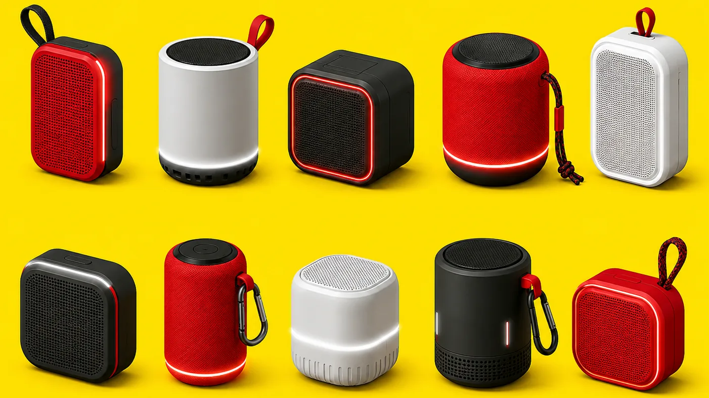 Illustrazione delle dieci migliori piccole casse Bluetooth portatili in stile cyber minimalism