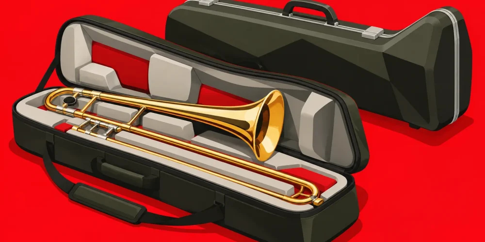 Illustrazione di un trombone in custodia protettiva