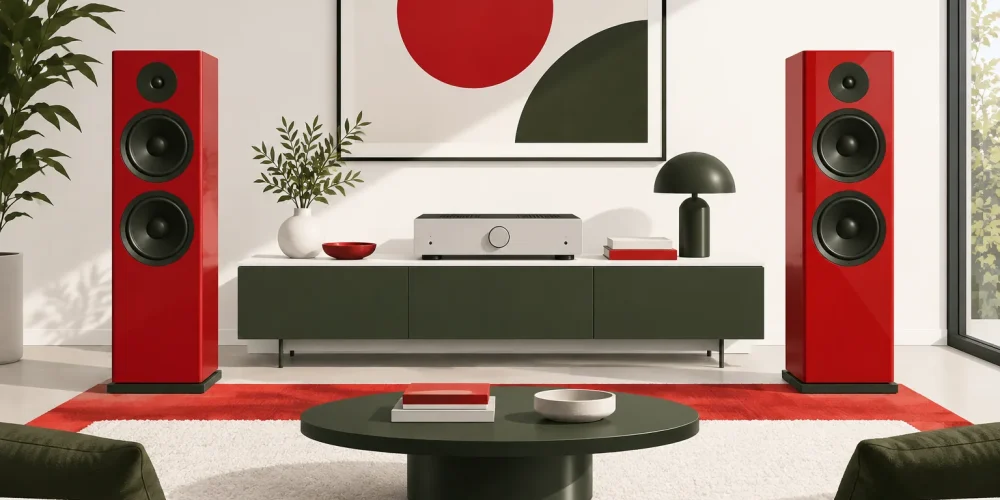 Illustrazione di due diffusori da pavimento passivi e un amplificatore Hi-Fi