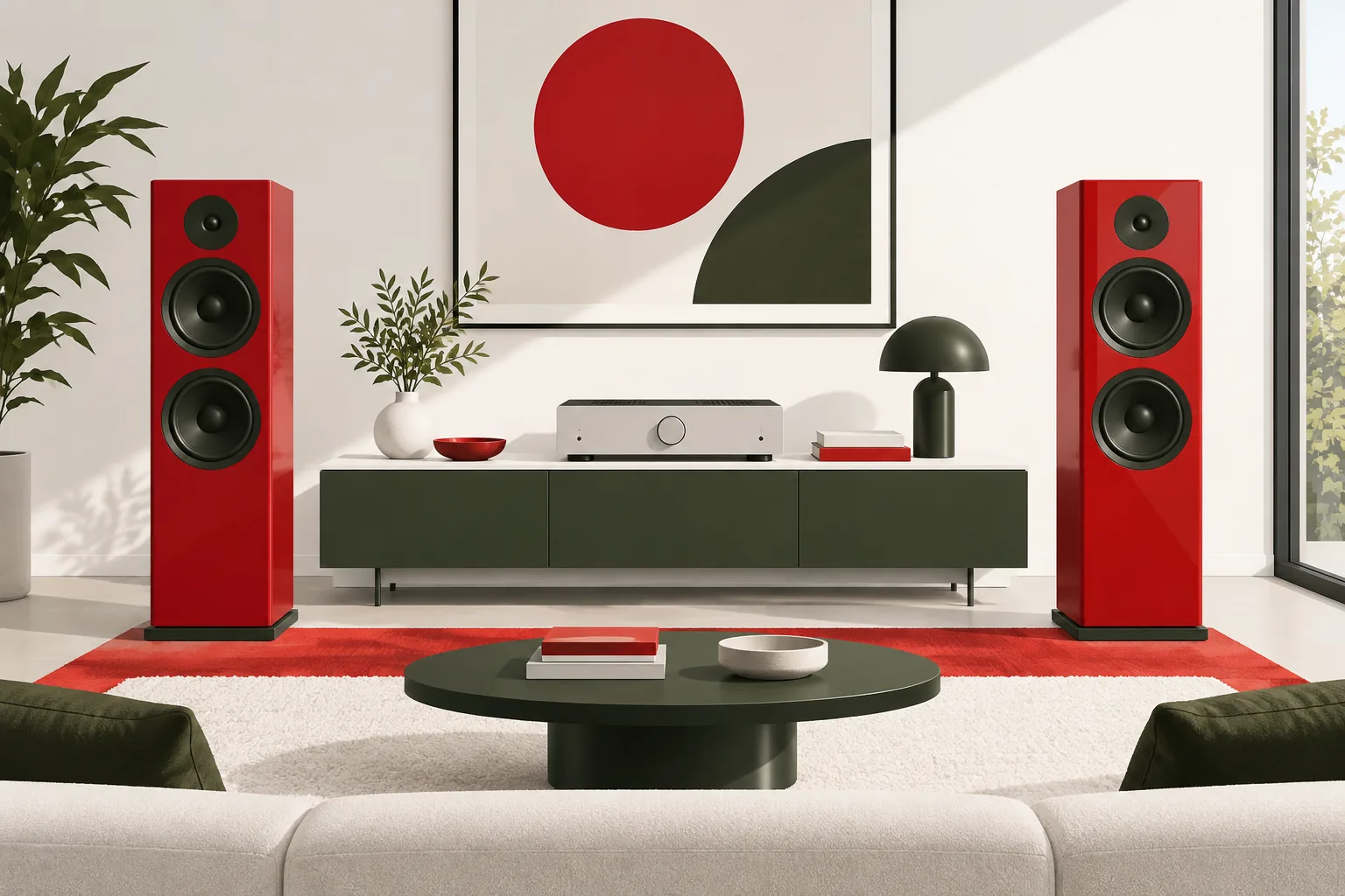 Illustrazione di due diffusori da pavimento passivi e un amplificatore Hi-Fi