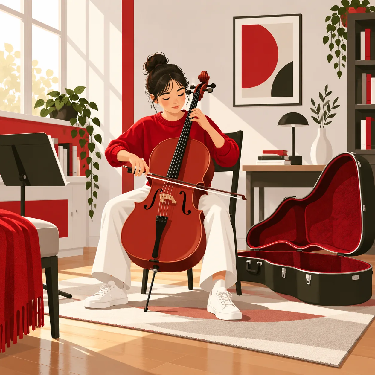 Home 17 Illustration d’une jeune violoncelliste jouant un violoncelle 3/4 avec étui ouvert