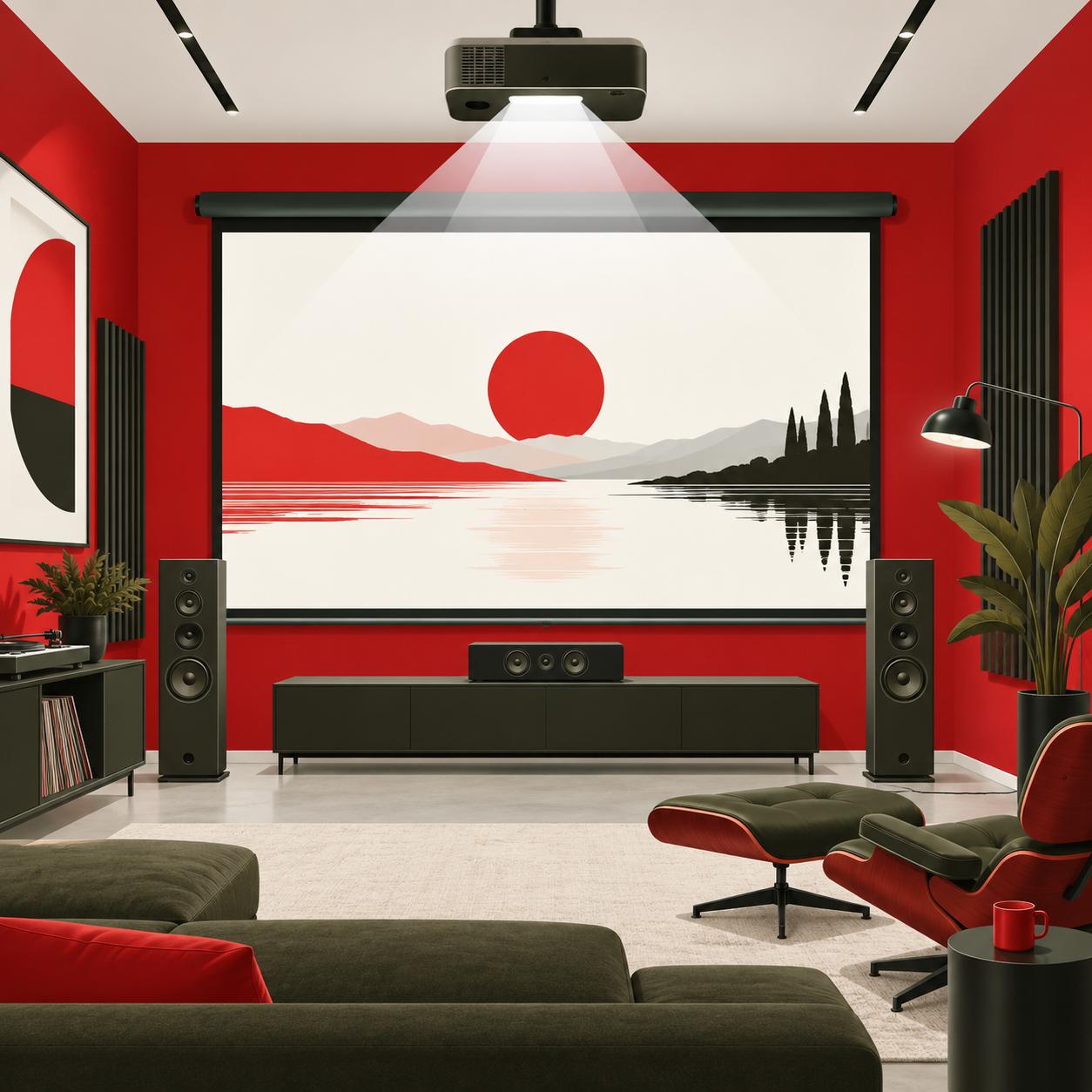 Home 22 Illustration d’un vidéoprojecteur et d’un écran de projection dans une salle d’écoute